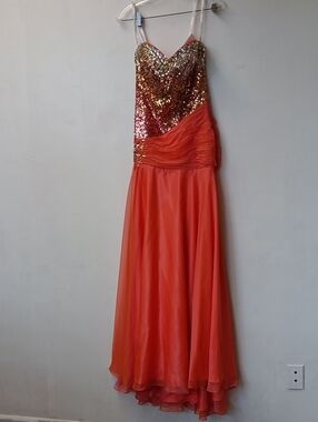 Vintage Tony Bowls Coral and Gold Sequin Maxi Dress